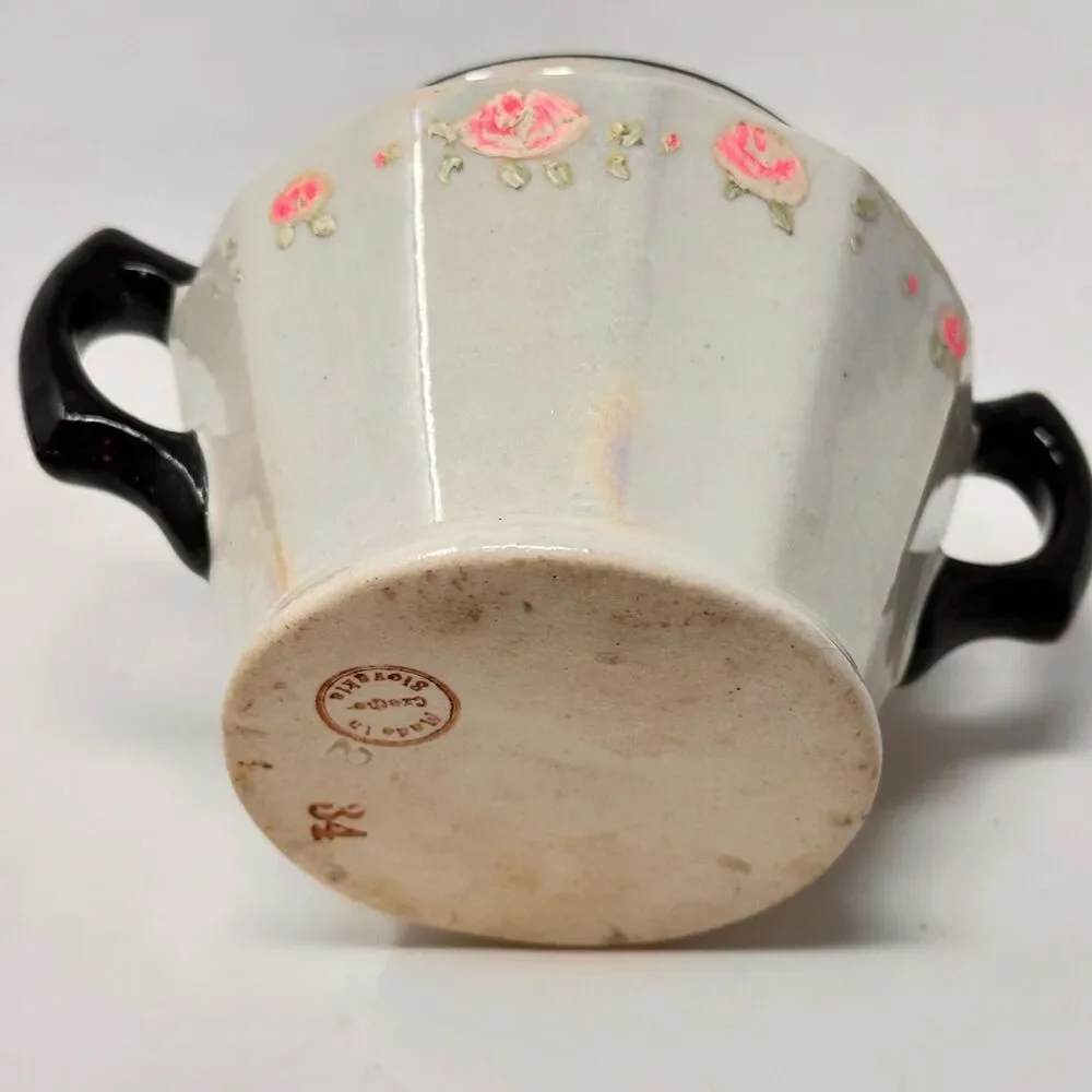 Vintage Victoria Czechoslovakia Lusterware Sugar Bowl and Creamer Black Trim